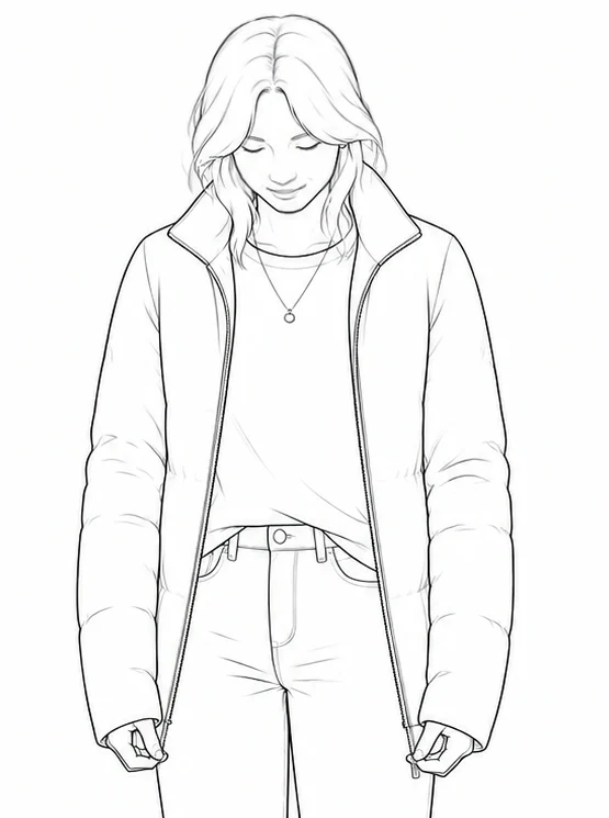 Drawing: woman in an open jacket holding both ends of the zipper
